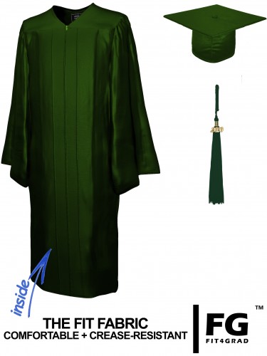 Shiny Bachelor Academic Cap, Gown & Tassel forest green